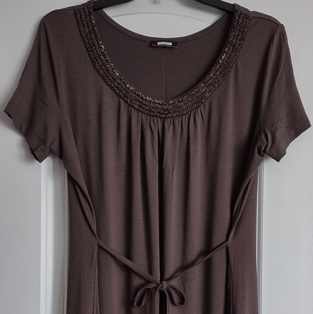 DREAM Size 12 Casual Rayon Stretch A-line Beaded Chocolate color Comfort Dress